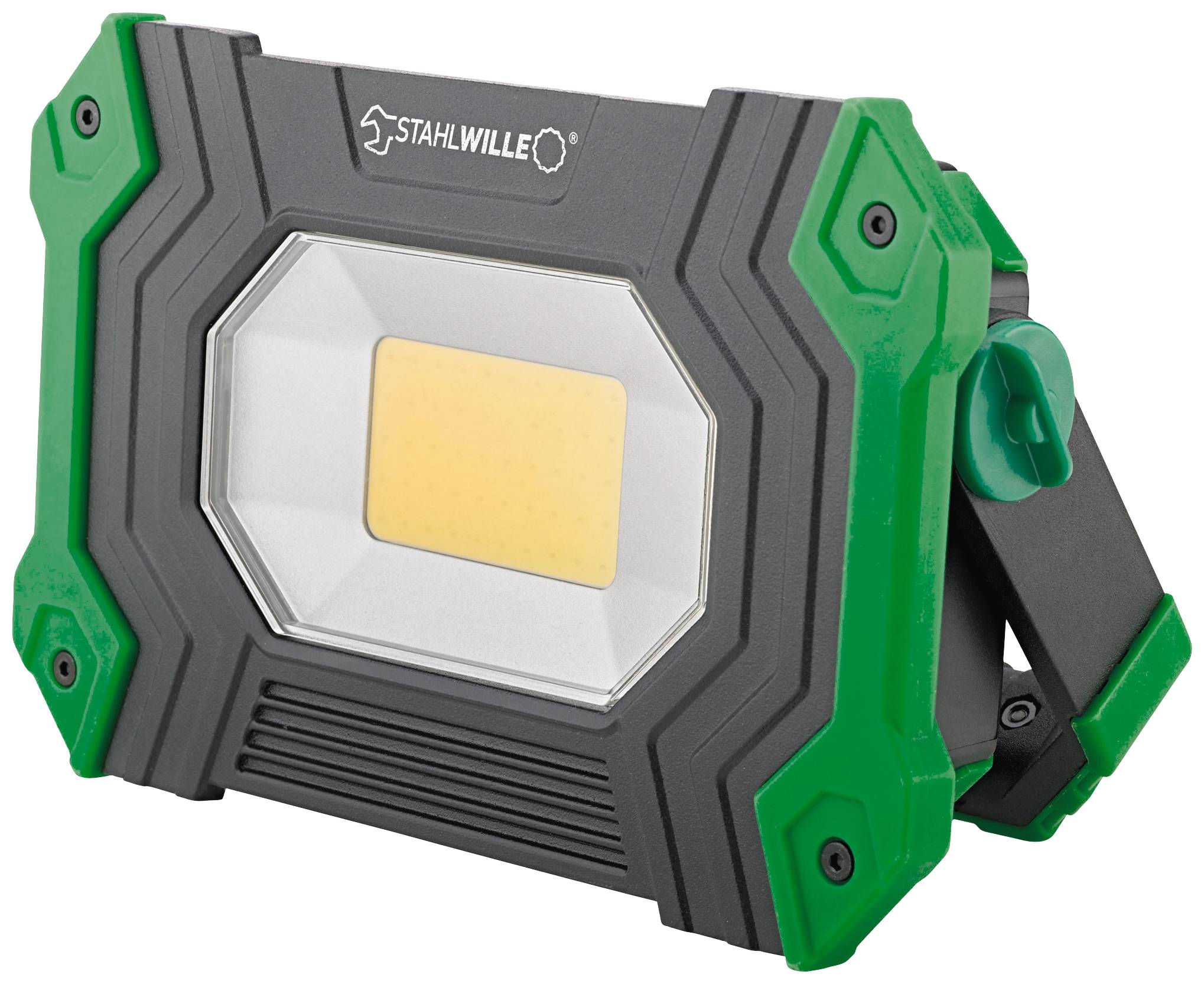 Tragbare LED-Arbeitsleuchte mit grün-schwarzem Gehäuse. Geeignet für den Einsatz in Werkstätten oder Baustellen.