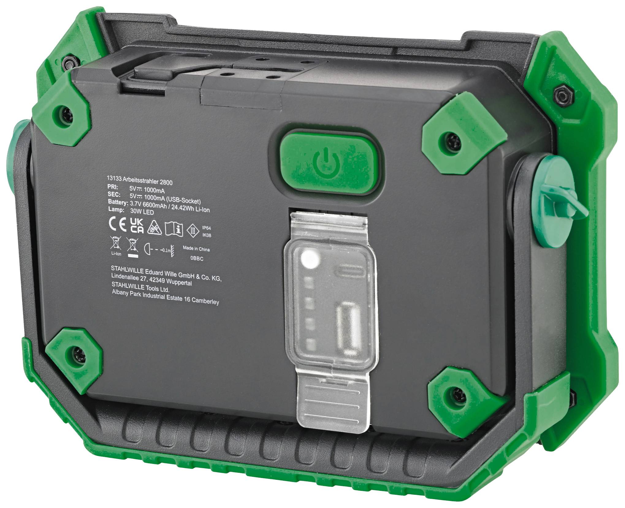 Tragbares, rechteckiges elektronisches Gerät mit grün-schwarzem Gehäuse und einem Ein-/Ausschalter oben.