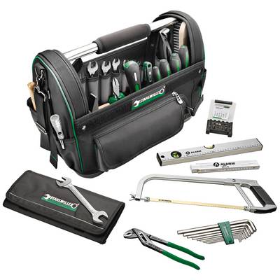 Eine geöffnete Werkzeugtasche mit verschiedenen Werkzeugen wie Schraubendreher, Zangen und Schraubenschlüssel, neben einer Metallsäge und Maßband.