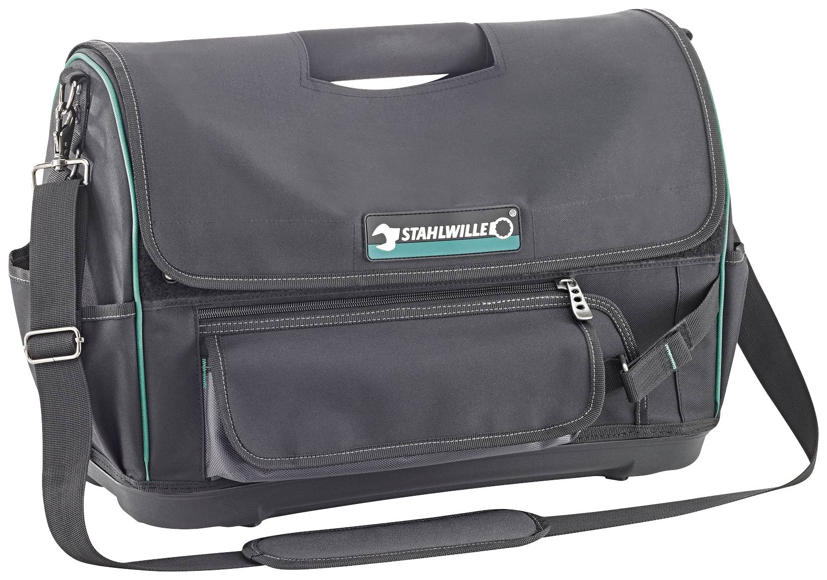 Schwarze Werkzeugtasche mit Tragegriff und verstellbarem Schulterriemen, mehrere Taschen mit Reißverschlüssen, Logo 'STAHLWILLE'.
