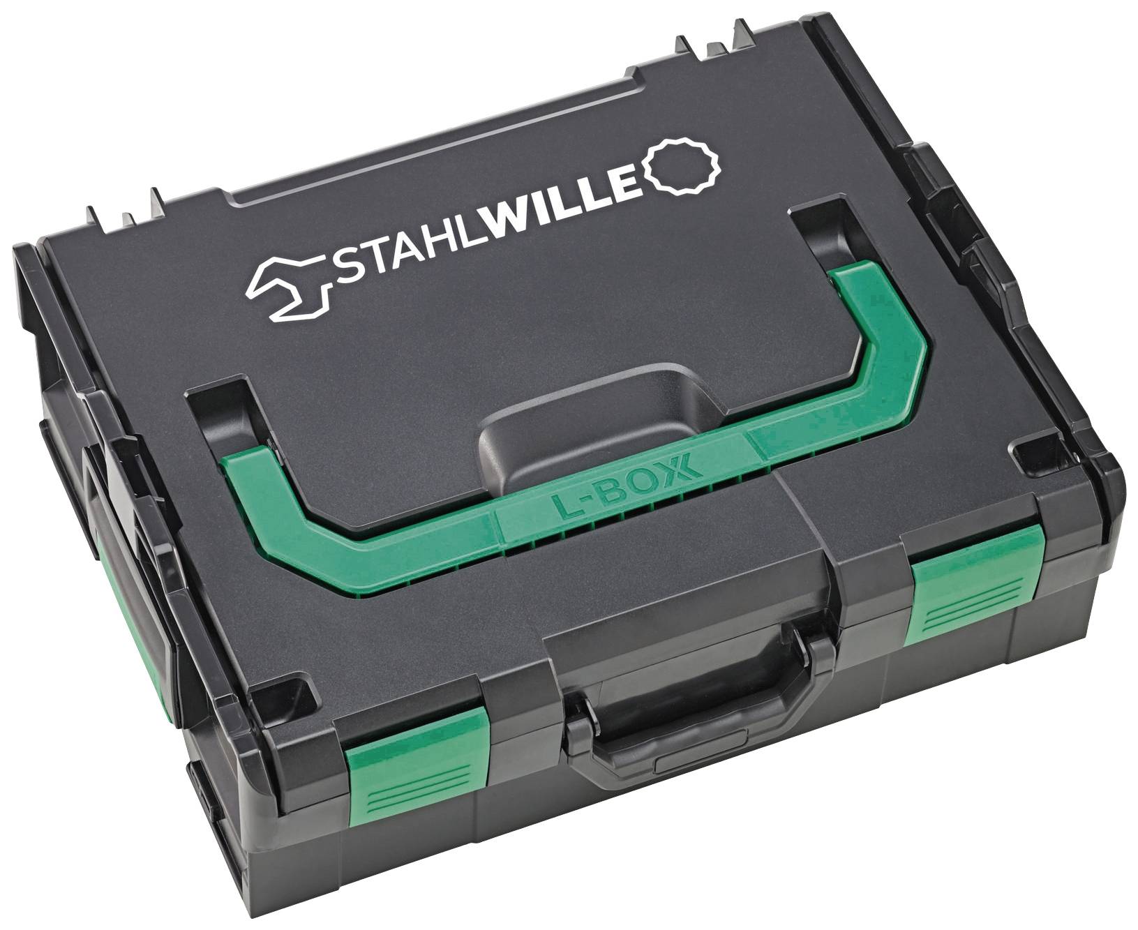 Schwarze Werkzeugbox mit grünem Griff und 'STAHLWILLE L-BOX' Aufschrift, verschließbar und für die sichere Aufbewahrung von Werkzeugen.