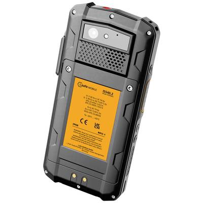 Robustes schwarzes Mobiltelefon mit orangefarbenem Etikett auf der Rückseite. Zeigt CE- und UKCA-Zertifizierungen sowie NFC-Funktion.