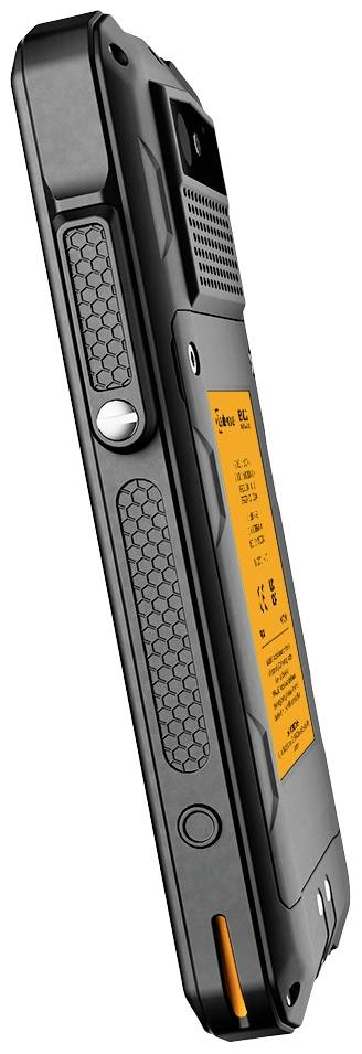 Robustes Smartphone in seitlicher Ansicht mit schwarzem Gehäuse und orangefarbenem Akzent. Geeignet für Outdoor-Aktivitäten.