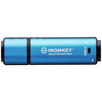 Blaue 'IronKey' USB-Stick mit Aufschrift 'Vault Privacy 50C' und '128GB' Speicherkapazität.