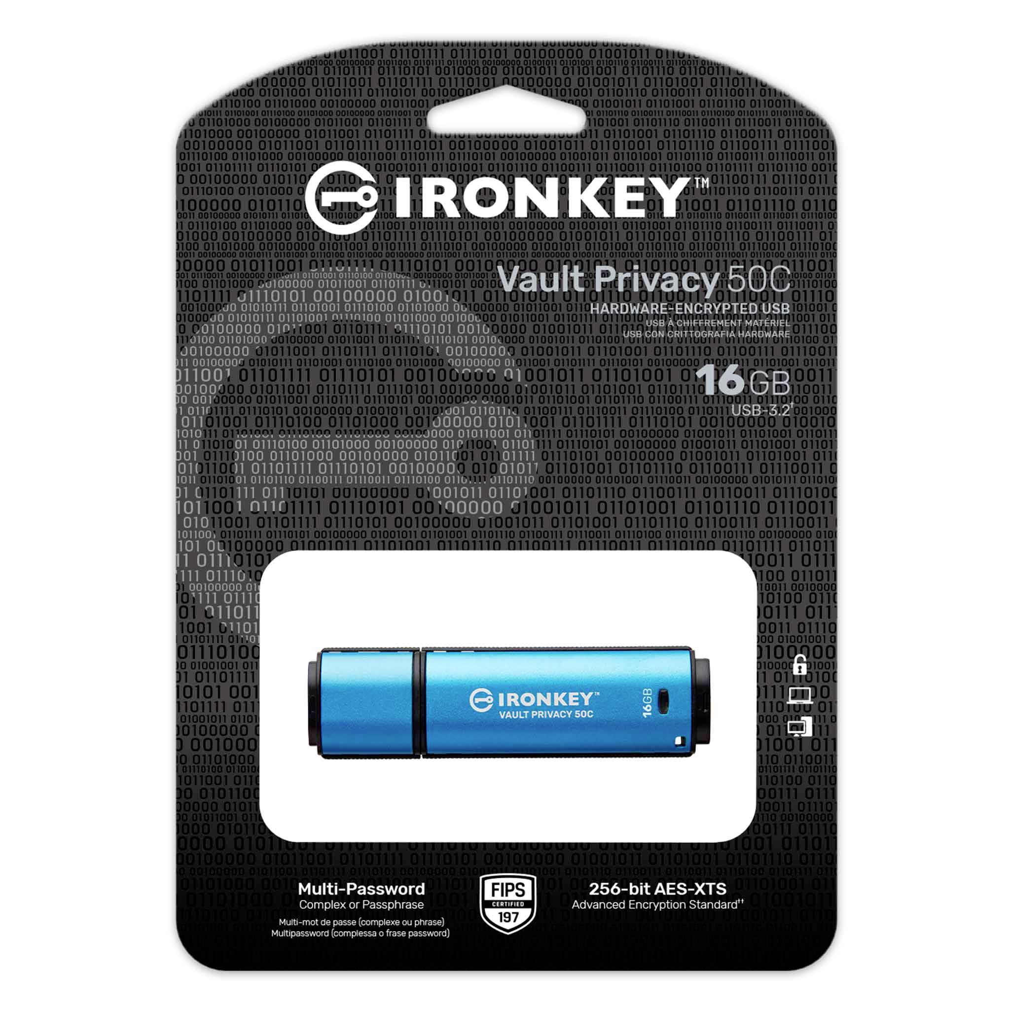 Eisernes USB-Laufwerk, 16GB, blau. 'IronKey Vault Privacy 50C' mit Hardwareverschlüsselung, FIPS 197, 256-bit AES-XTS.