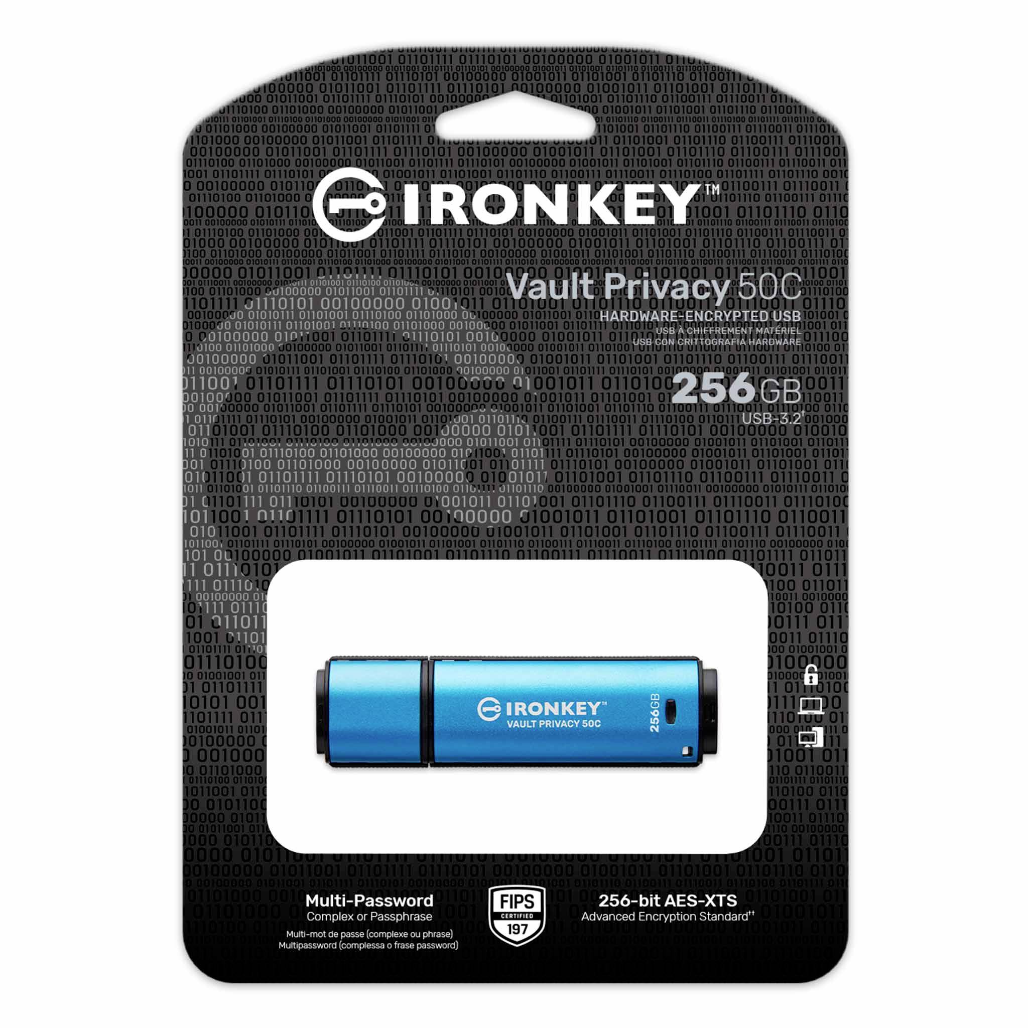 Blauer 'Ironkey Vault Privacy 50C' USB-Stick, 256GB, auf schwarzer Verpackung mit Sicherheits- und Verschlüsselungsdetails.