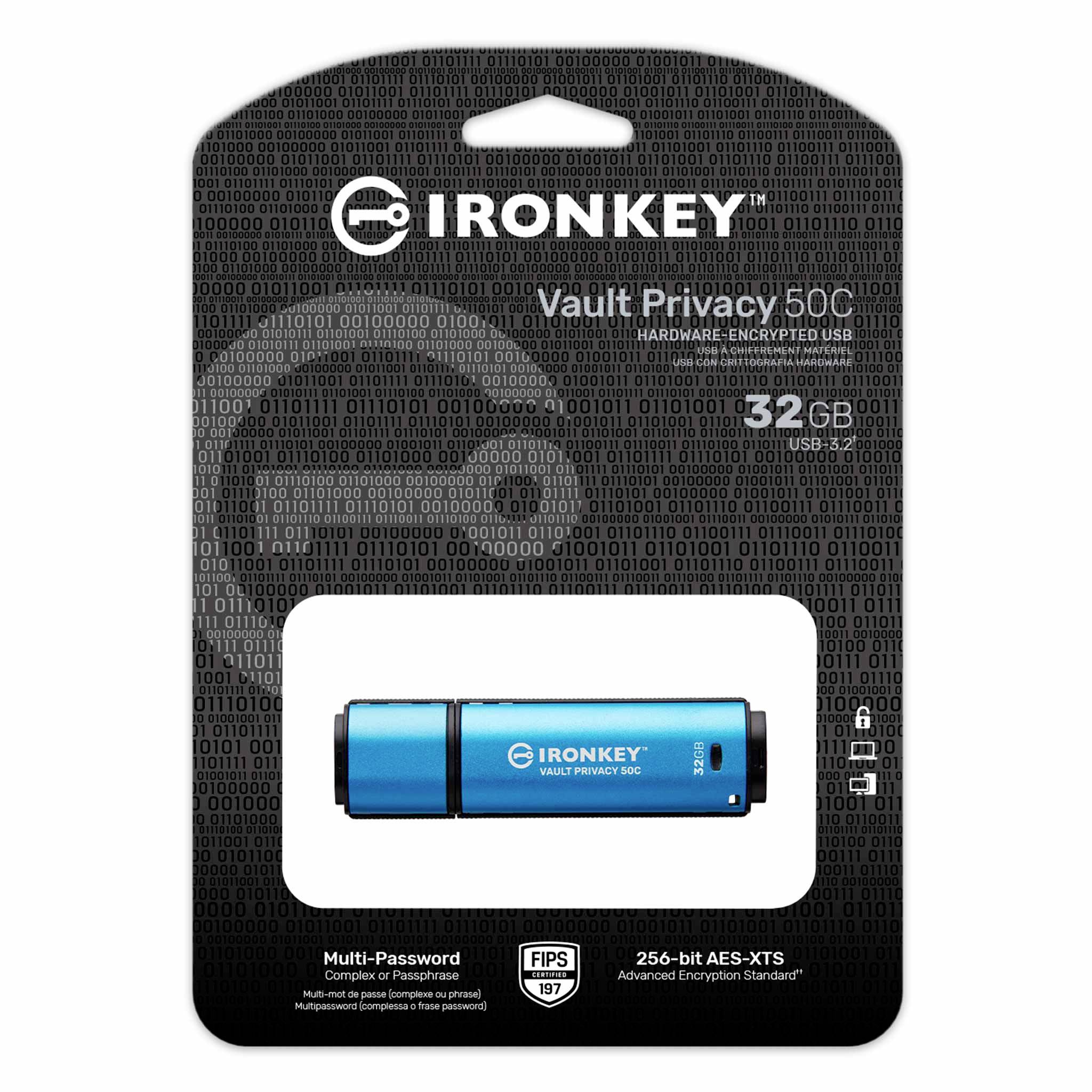 'IronKey Vault Privacy 50C' ist ein 32GB USB-Stick mit hardwarebasierter Verschlüsselung, in blauer Farbe, auf schwarzem Hintergrund.