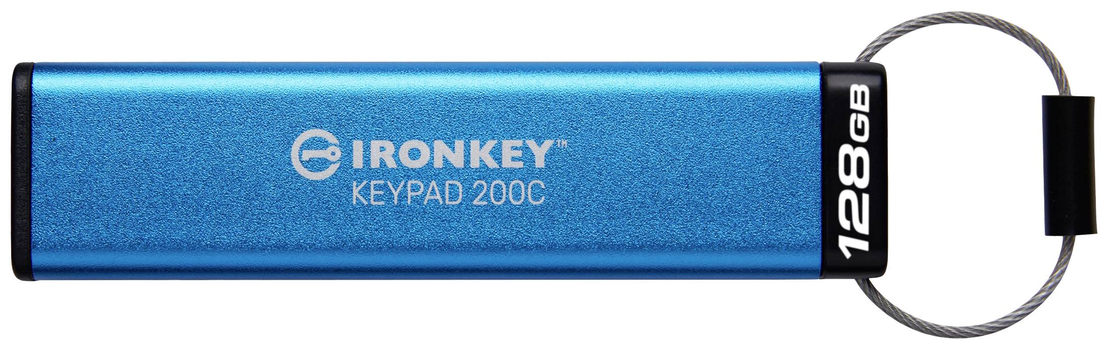 Externes Speichermedium in Blau mit Zahlenfeld, Markenname 'IRONKEY', Modell 'KEYPAD 200C', Kapazität 128 GB, mit Sicherheitsseil.
