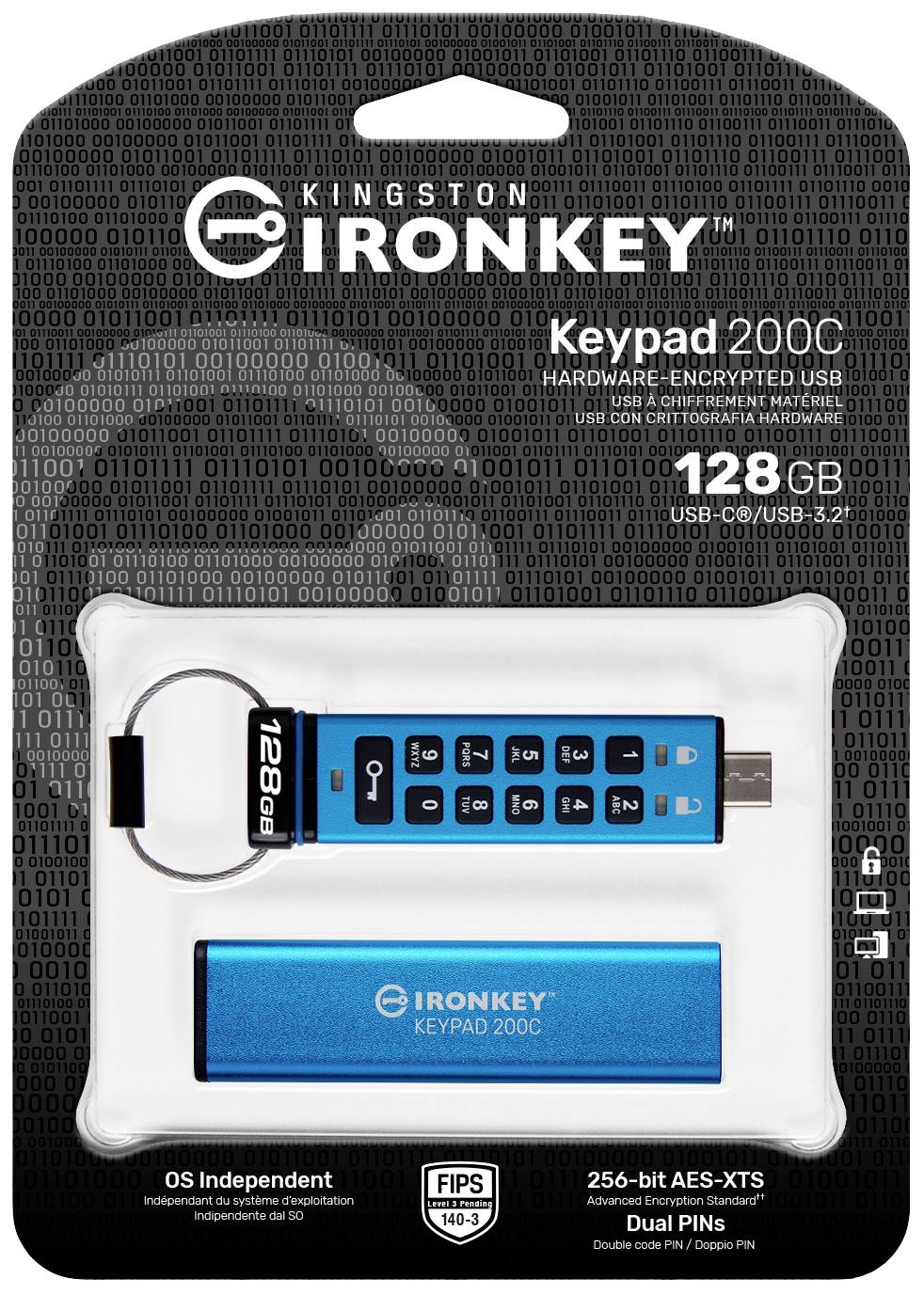 USB-Stick 'Kingston IronKey Keypad 200C' mit 128 GB Speicher, verschlüsselt mit 256-Bit AES; blaue Metallhülle, Tastenfeld zur Eingabe.