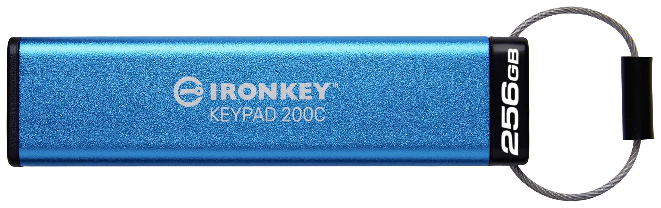 Blaue IronKey USB-Festplatte mit Tastenfeld 'KEYPAD 200C' und Kapazitätsangabe '256GB', mit sicherheitsorientiertem Design.