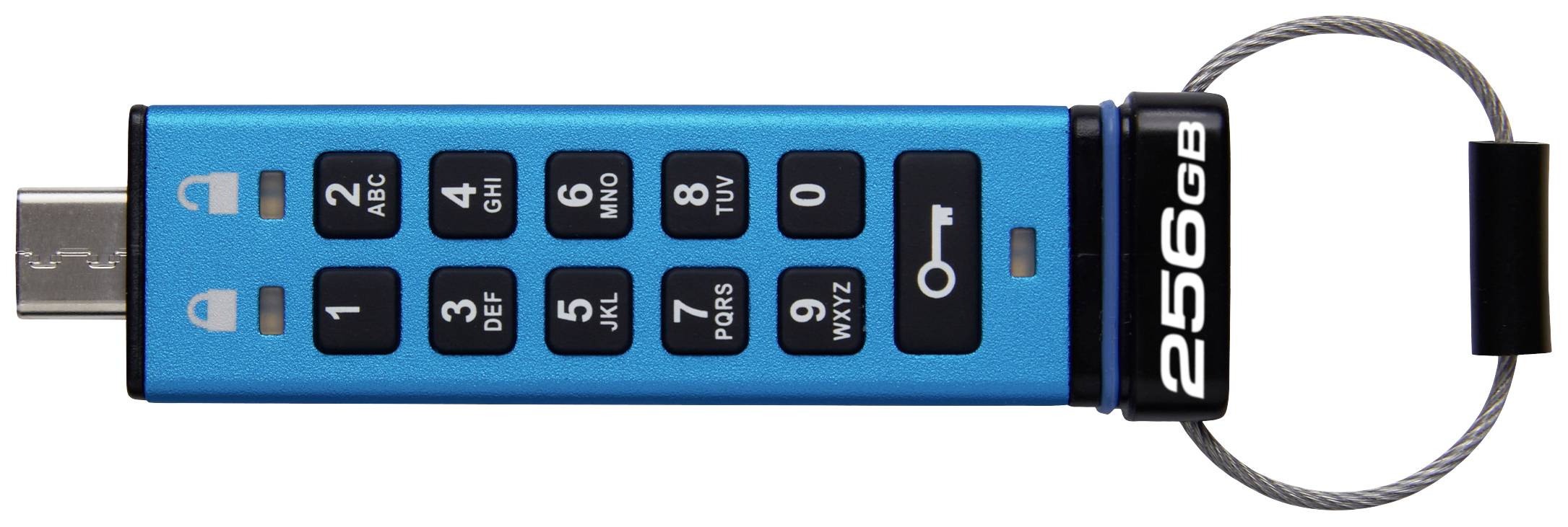 Ein USB-Stick mit Ziffernblock zur Eingabe eines Passworts und einem Verschlussmechanismus, speichernd 256 GB Daten.