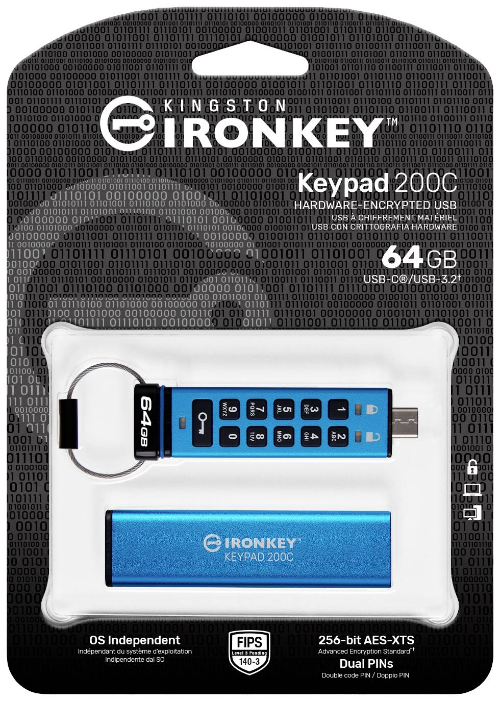 USB-Stick mit Zahlenschloss-Design, 64 GB Speicher, IronKey-Label. Bietet hardware-verschlüsselten Datenschutz auf Knopfdruck.