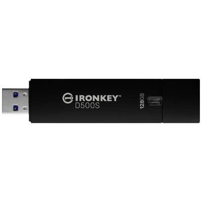 Ein schwarzer USB-Stick mit der Aufschrift 'IRONKEY D500S 128GB' zeigt das Markendesign und die Speicherkapazität des Geräts.