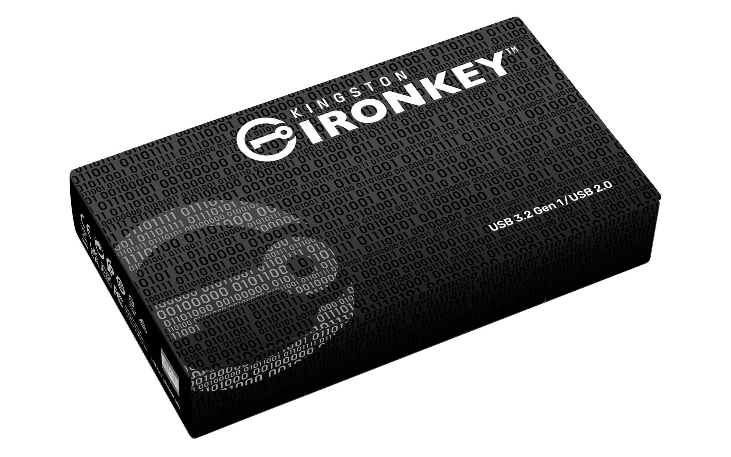 Schwarze Verpackung eines Kingston IronKey USB-Sticks mit USB 3.2 Gen 1/USB 2.0 kompatibel, mit Binärcode-Muster.