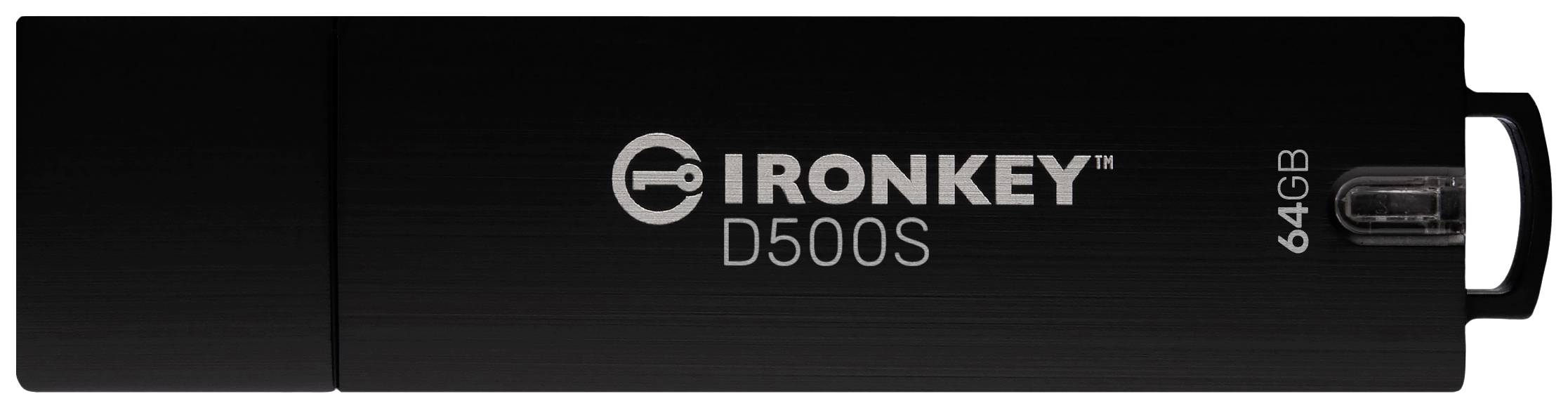 USB-Stick, schwarzes Gehäuse, mit Schriftzug 'IronKey D500S' und Kapazitätsangabe '64GB' rechts.