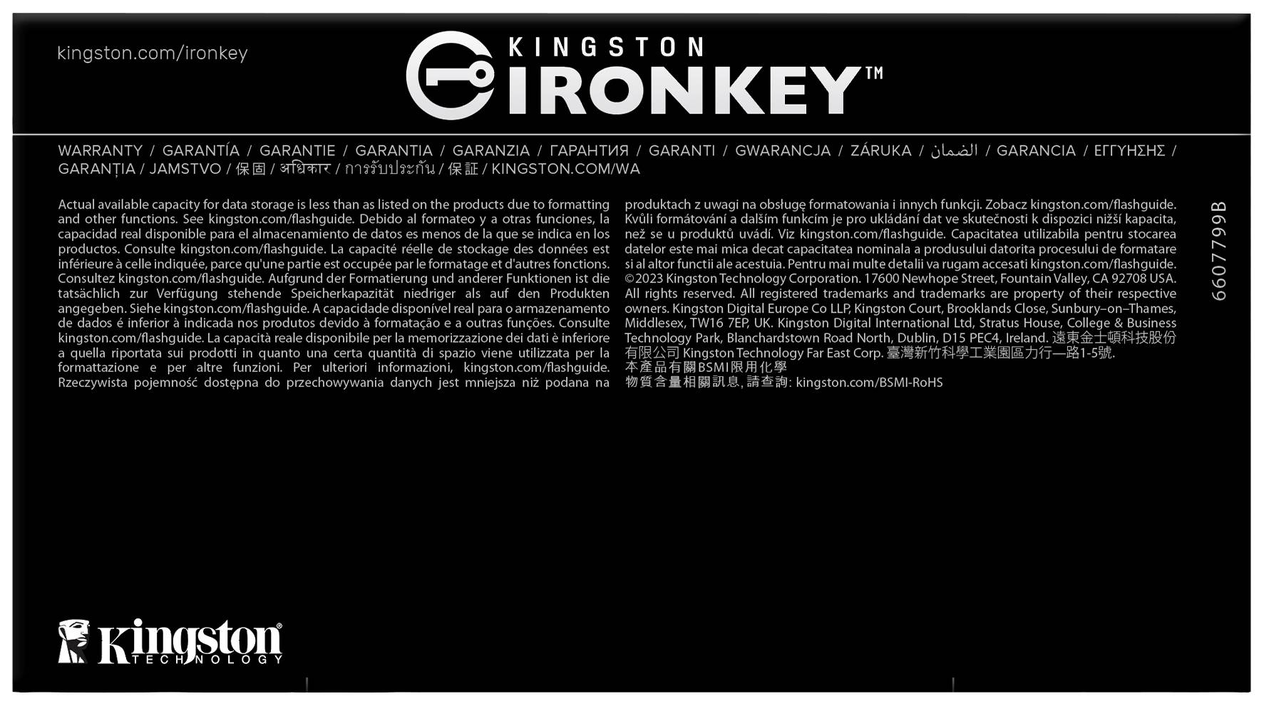 'Kingston IRONKEY'-Logo und Garantiehinweise in verschiedenen Sprachen auf schwarzem Hintergrund. Webseite: kingston.com/ironkey.