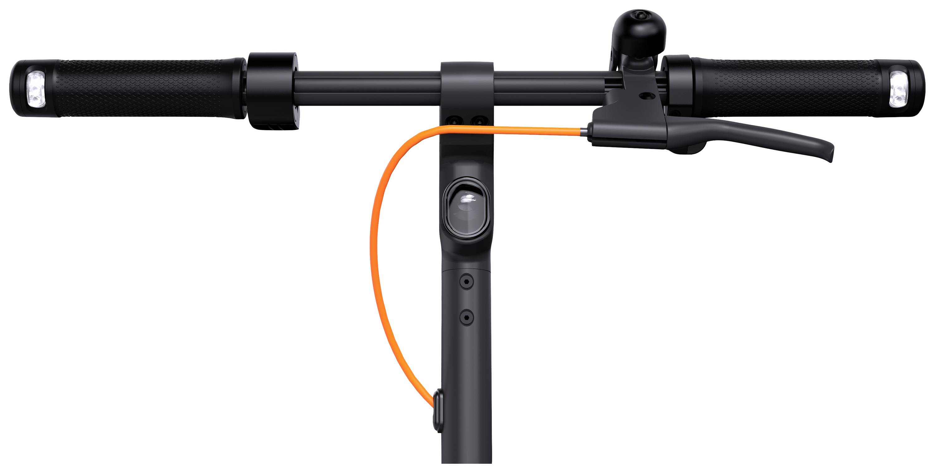 Lenker eines Elektrorollers mit orangem Bremskabel und Klingel.