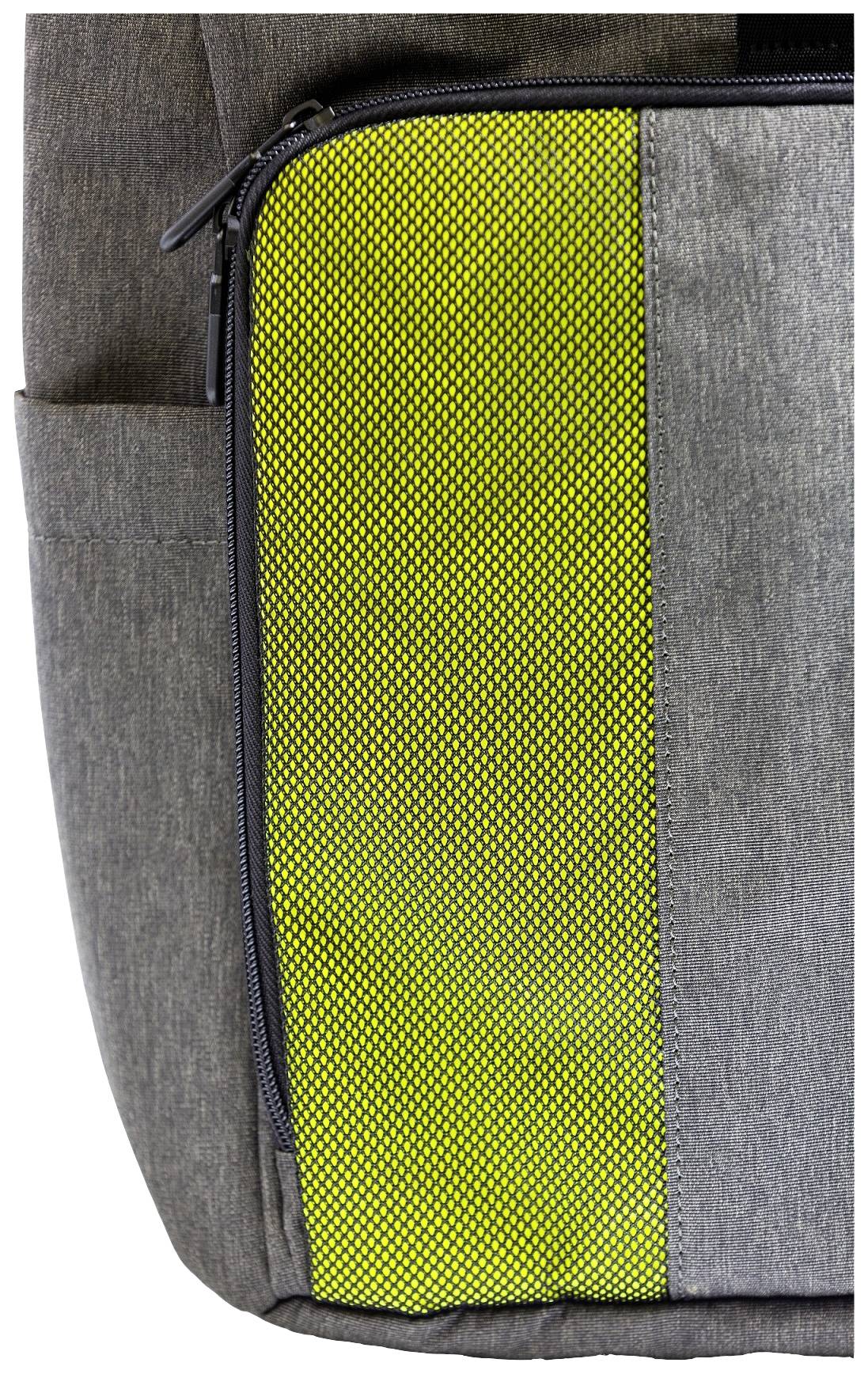 Teilansicht eines grauen Rucksacks mit einem auffälligen, gelben Mesh-Detail auf der Reißverschlusstasche.