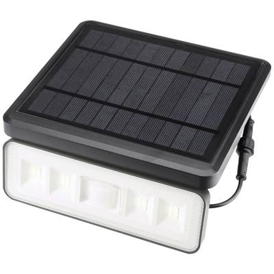 Solarlampe mit schwarzem Solarpanel und weißem LED-Licht, verbunden durch ein Kabel, geeignet für umweltfreundliche Außenbeleuchtung.