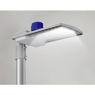 Eine moderne LED-Straßenlampe leuchtet hell. Sie ist an einem grauen Metallmast befestigt, mit einem blauen Aufsatz oben.