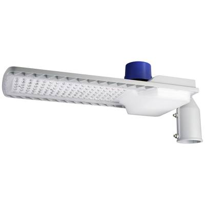 LED-Straßenleuchte mit blauer Kappe und rechteckigem Design, montiert auf einem weißen Arm. Energieeffiziente Beleuchtungslösung.