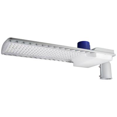Ein rechteckiger LED-Straßenbeleuchtungskörper mit vielen kleinen Lämpchen. Ein blaues Bauteil ist oben angebracht.