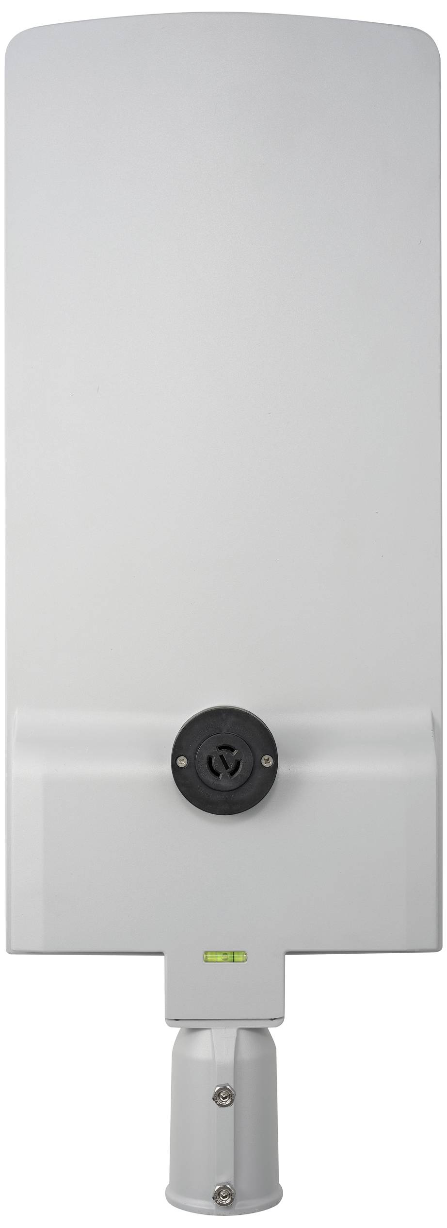 Eine weiße Außenantenne, rechteckig geformt, mit einer schwarzen Halterung in der Mitte und einem Montagefuß unten.