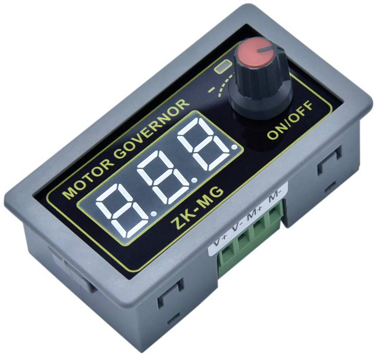 Elektronischer Motorregler mit LED-Anzeige, rotem Drehknopf und Schalter, zeigt 'ON/OFF' und 'MOTOR GOVERNOR ZK-MG'.