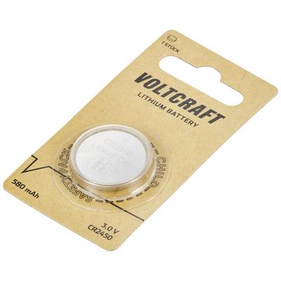 'Voltcraft Lithium-Batterie 3.0 V CR2450, 580 mAh, 1 Stück, kindersicherer Pack' auf Blister-Verpackung aus Karton.