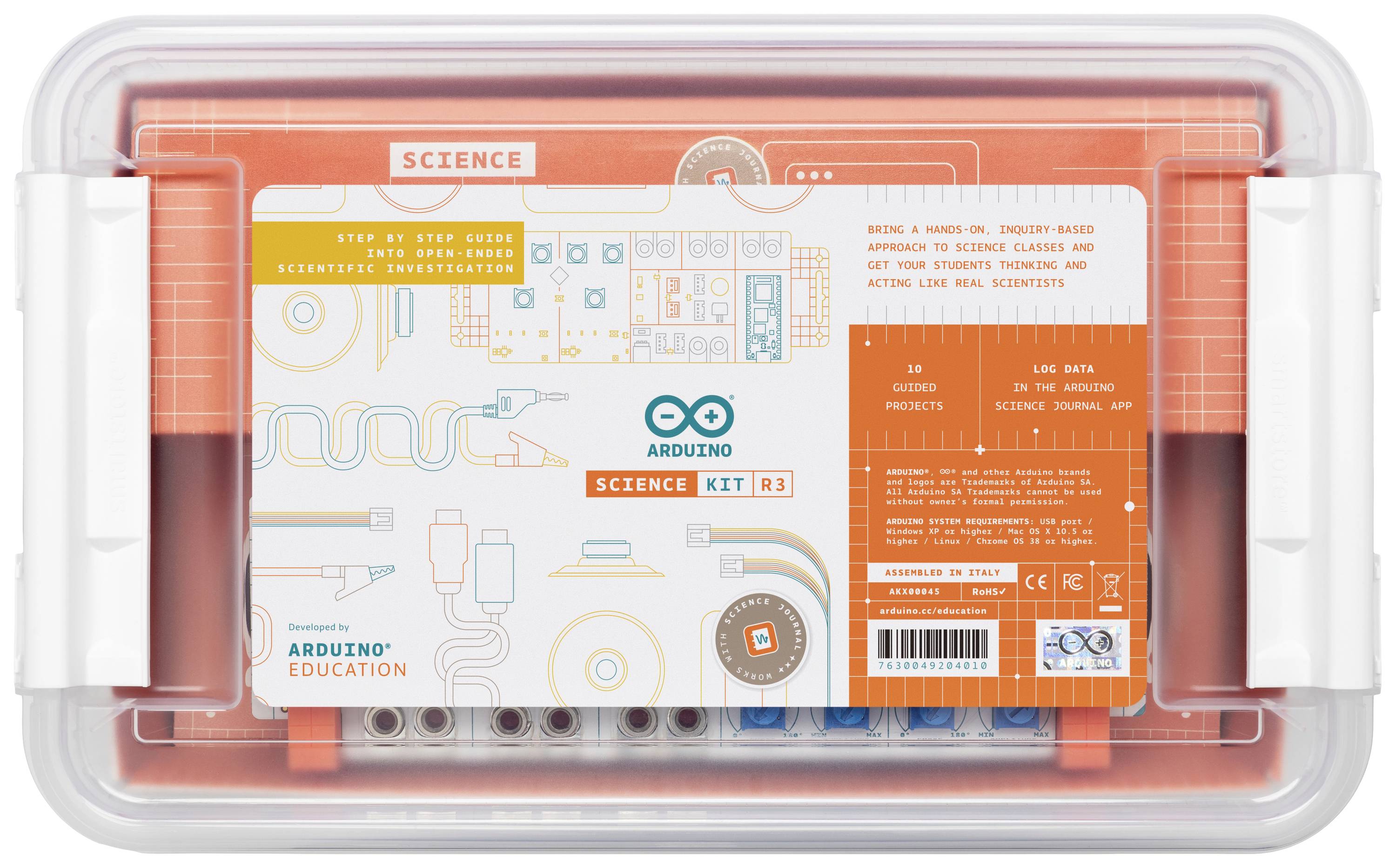 'Das Arduino Science Kit R3 in einer transparenten Box. Aufdruck weist auf Bildungszwecke hin, ausgestattet mit Sensoren und Modulen.'