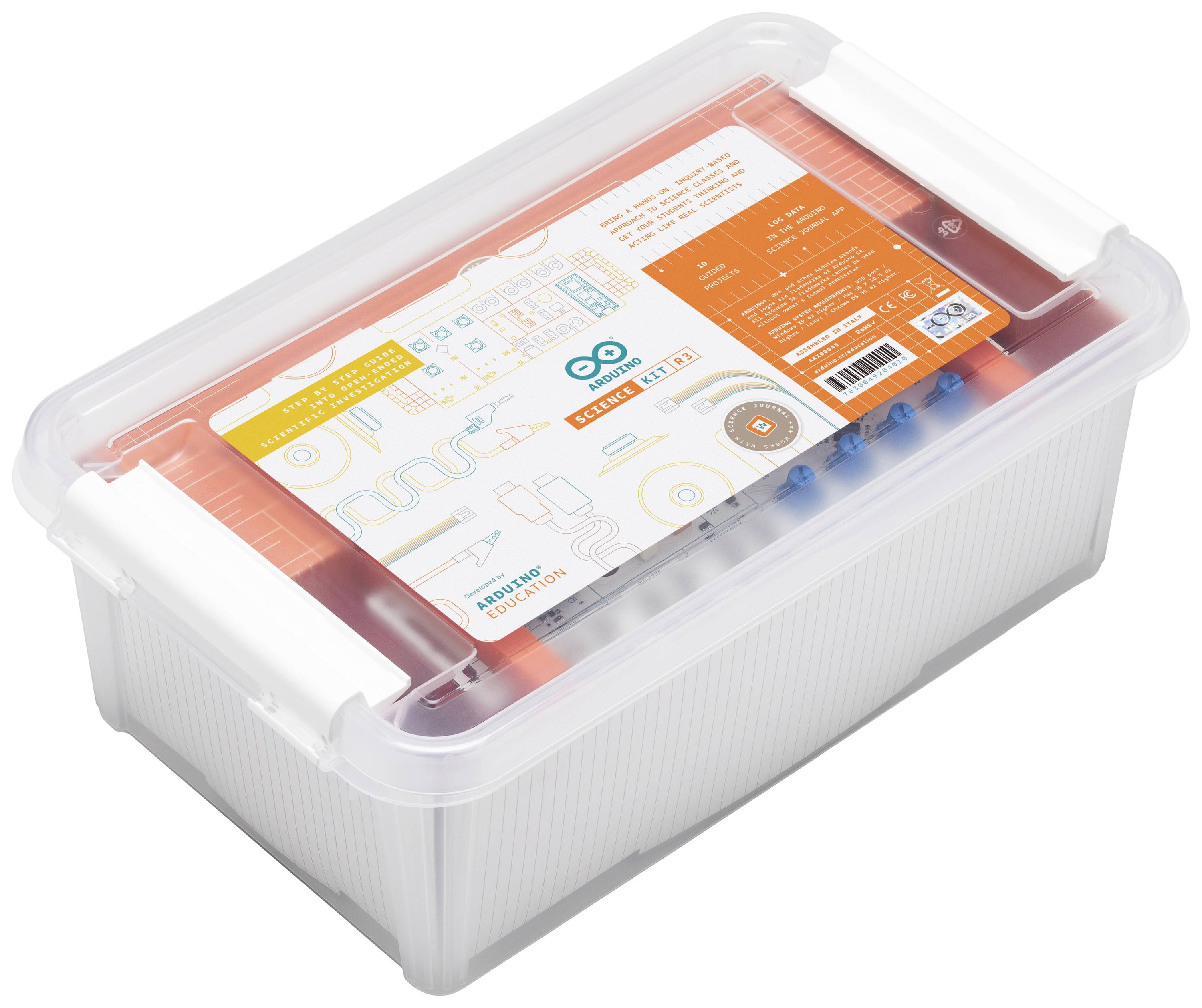 Plastikkiste mit Arduino Starter Kit für Schulen, einschließlich elektronischer Bauteile und Anleitungen für Experimente.