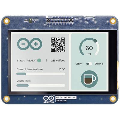 Arduino-Giga-Display mit Anzeigeelementen, darunter Arduino-Logo, QR-Code, Status 'READY', 235 Kaffee, Temperatur bei 10°C, Wasserstand und Kaffeeintensität.