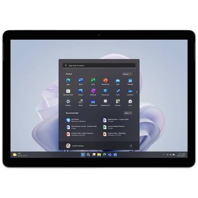 Tablet mit offenem Startmenü zeigt gängige Anwendungen wie Edge, Word und Excel. Hintergrund ist eine abstrakte Grafik. Uhrzeit 10:41.
