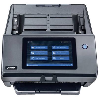 Ein Scanner mit einem Bildschirm, der Dokumente einzieht. Der Bildschirm zeigt Optionen wie 'Bank Statement' und 'Scan Document'.