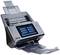 Ein moderner Dokumentenscanner mit Touchscreen-Display, das verschiedene Scan-Optionen anzeigt. Dokumenteinzüge oben und Ausgabefach unten.
