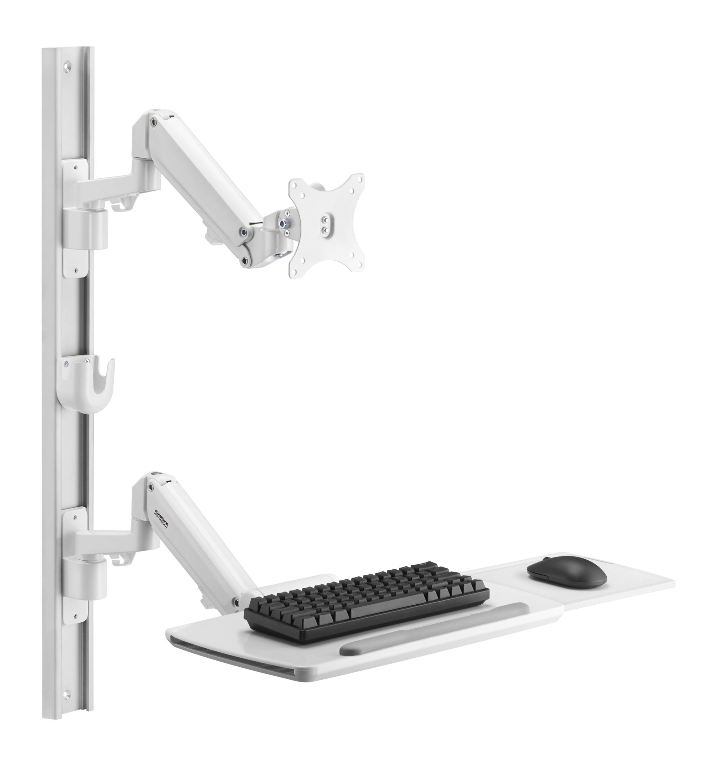 Ein weißer, wandmontierter Schreibtischarm mit Tastaturablage und Monitorhalterung, ideal für ergonomische Arbeitsplätze.