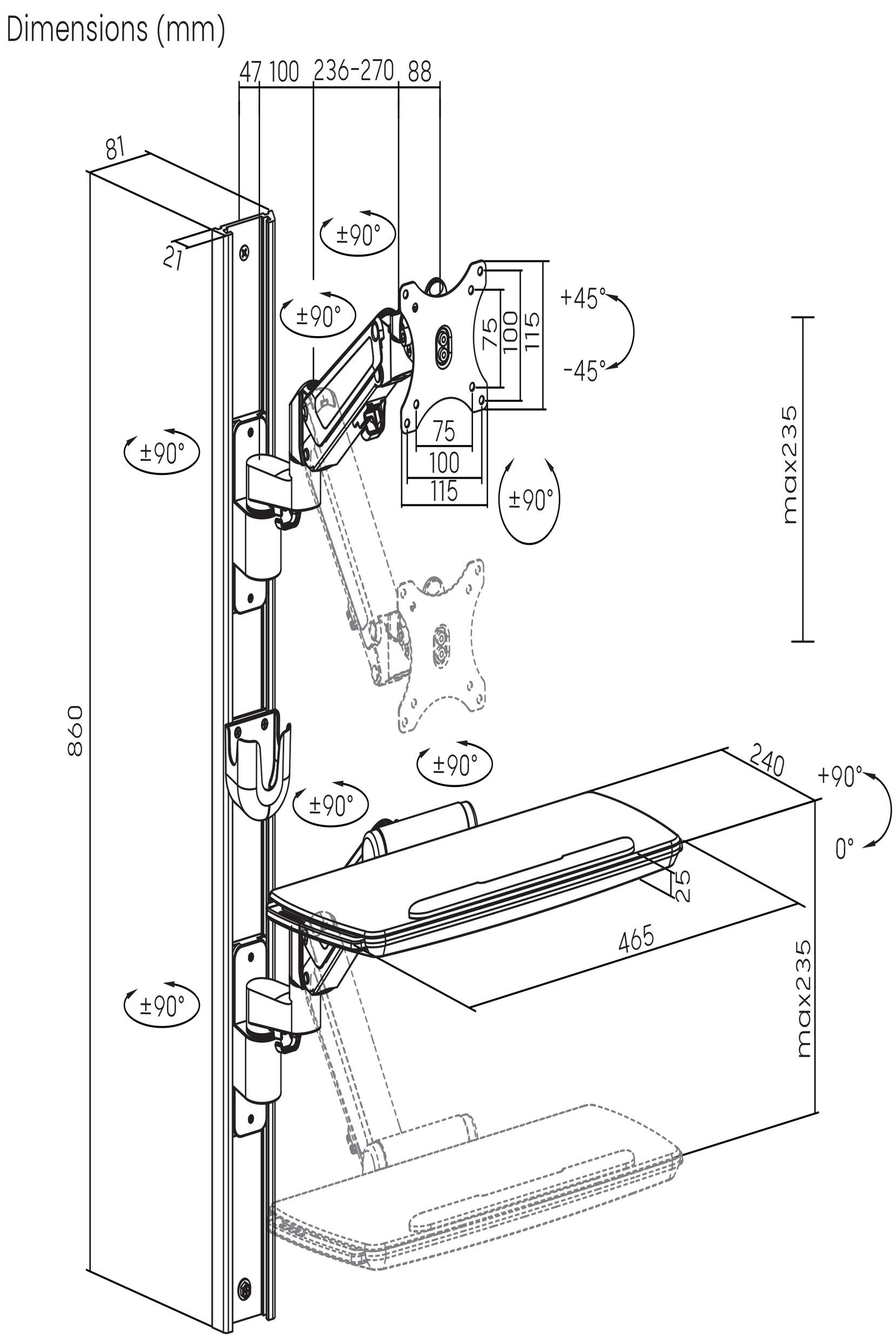 'Technische Zeichnung eines Monitorarms mit Abmessungen in mm. Zeigt Höhenverstellbarkeit, Rotationswinkel und Montageoptionen an einer Wand.'