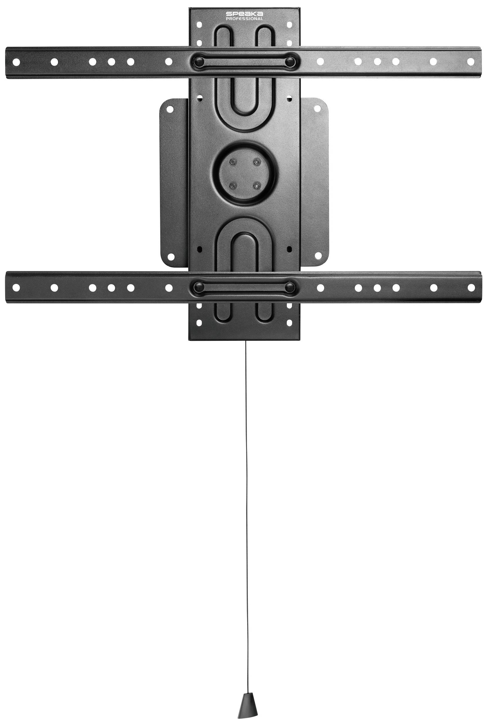TV-Wandhalterung aus Metall. Rechteckige Form mit Befestigungsschienen und einem runden Mittelpunkt. Zugleine zur Neigungsverstellung.