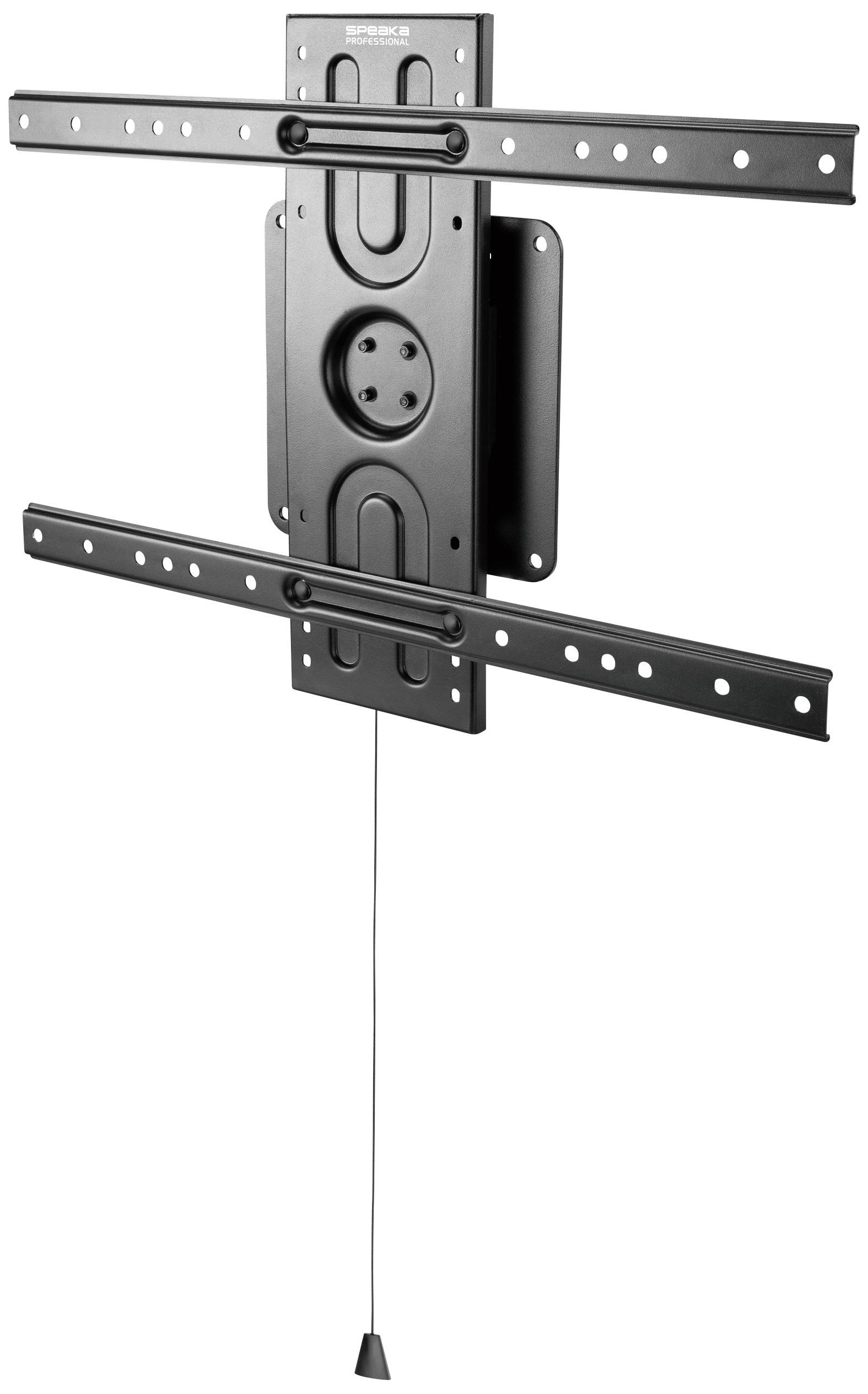 Schwarze TV-Wandhalterung mit mehreren Löchern und einer vertikalen "Ziehen"-Schnur in der Mitte für einfache Montage.