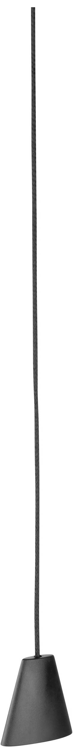 Eine schlichte, schwarze Pendelleuchte mit einem langen, geraden Kabel und einem konischen Lampenschirm.