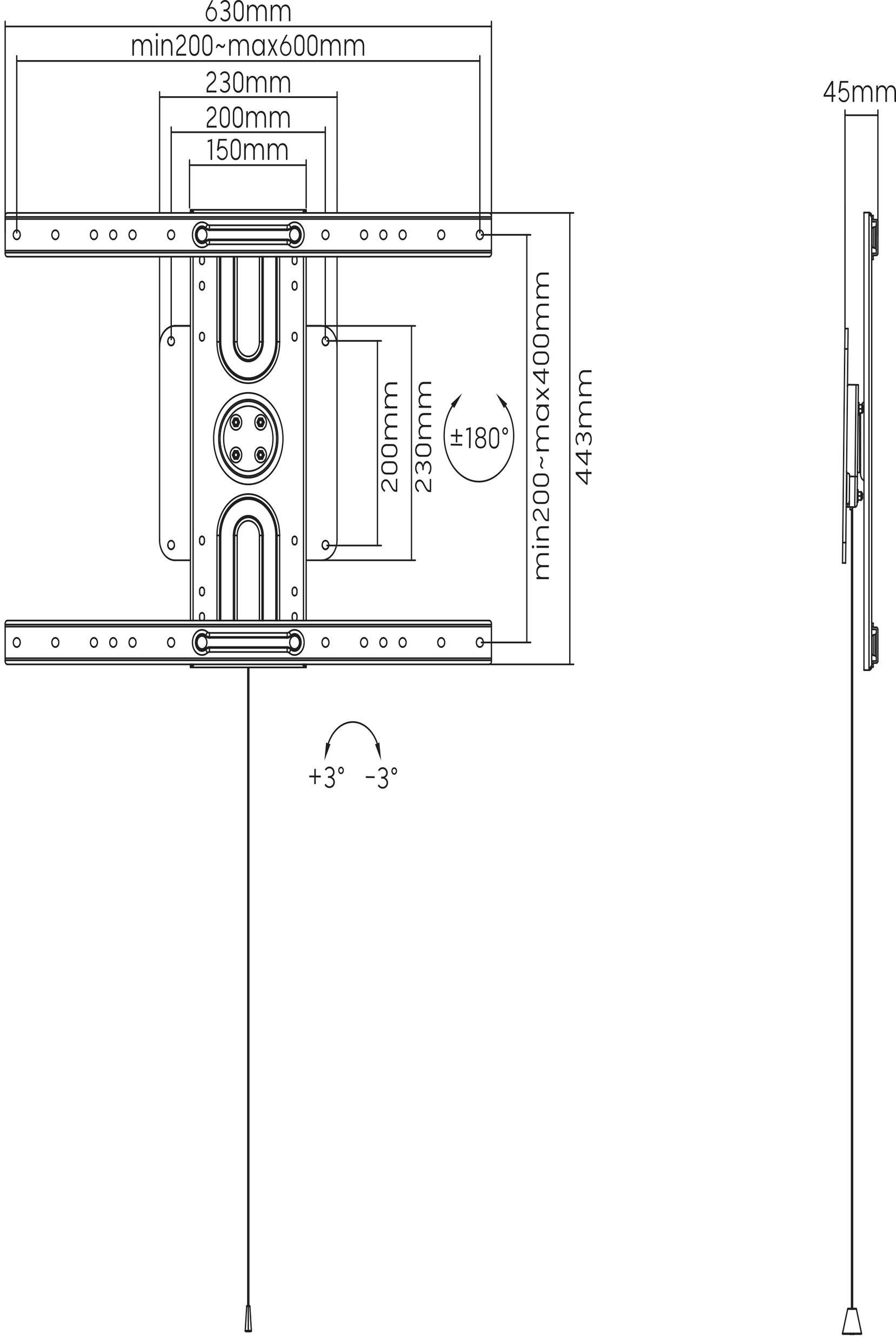 Technische Zeichnung einer TV-Wandhalterung mit Abmessungen: Breite 200-600 mm, Höhe 200-400 mm, Neigungsverstellung +/-3 Grad, Abstand zur Wand 45 mm.