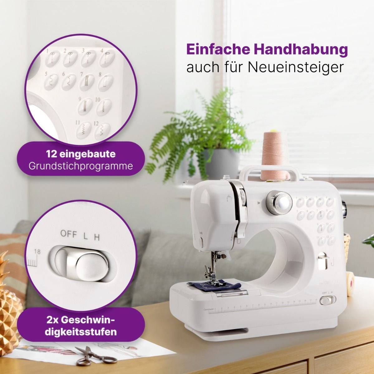 'Nähmaschine auf Tisch, geeignet für Anfänger, mit 12 eingebaute Programme. Zeigt Geschwindigkeits- und Stichwahlschalter.'