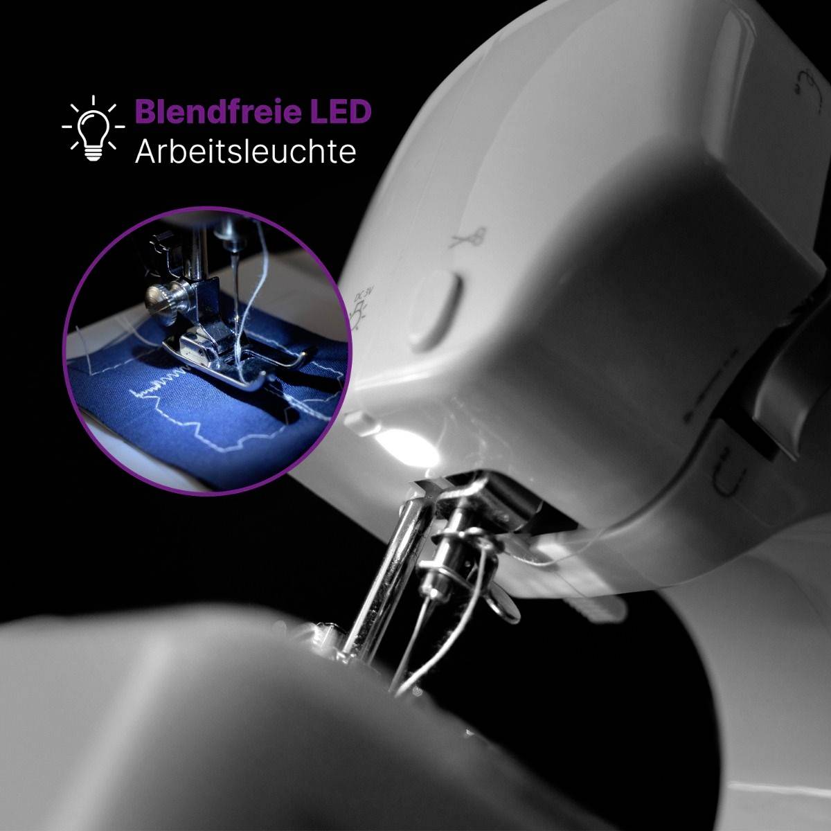 Eine Nähmaschine mit blendfreier LED-Arbeitsleuchte beleuchtet präzise Näharbeiten. Nahaufnahme zeigt leuchtenden Stoff unter der Nadel.