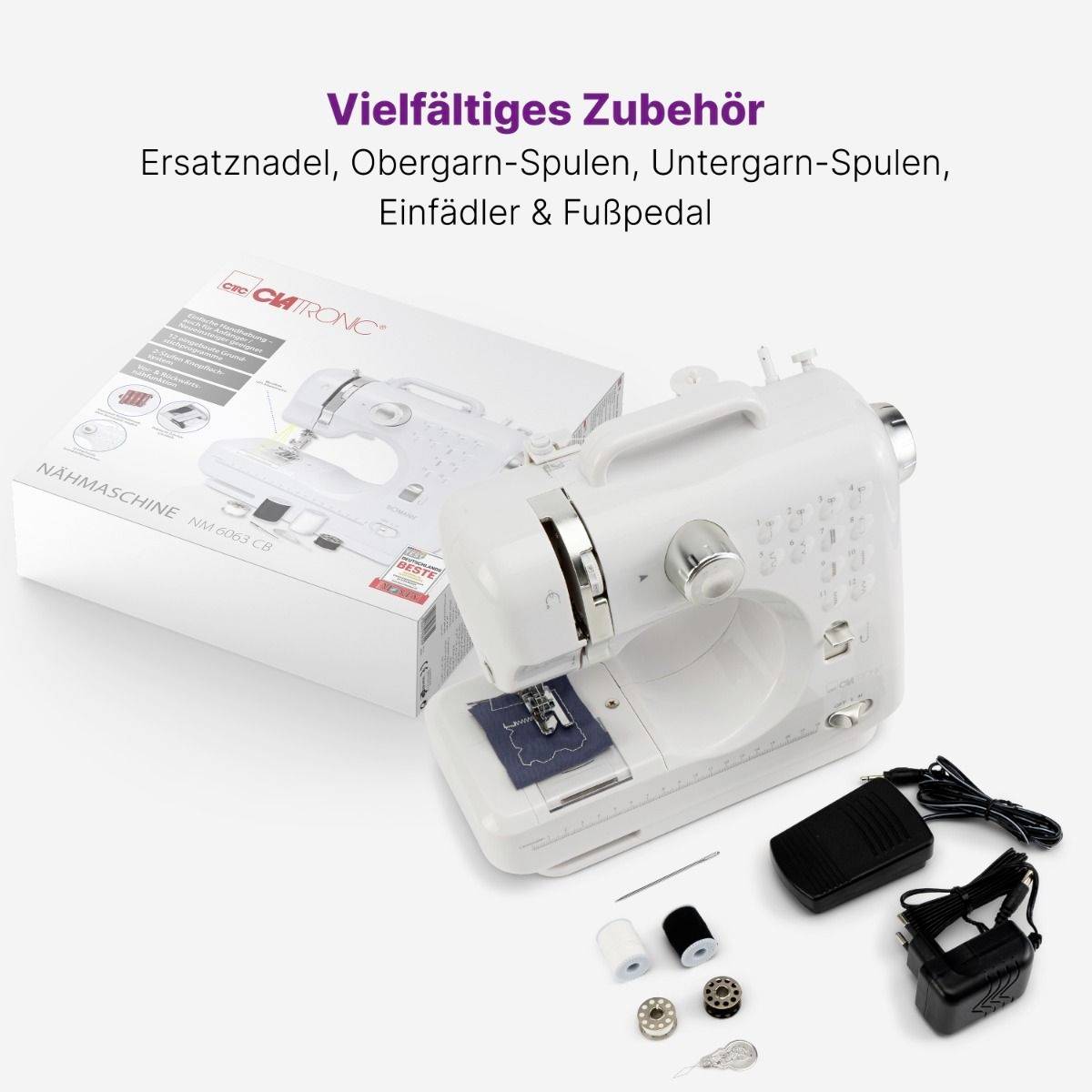 'Vielfältiges Zubehör: Ersatznadel, Obergarn-Spulen, Untergarn-Spulen, Einfädler und Fußpedal.' Weiße Nähmaschine, Zubehörteile sichtbar.
