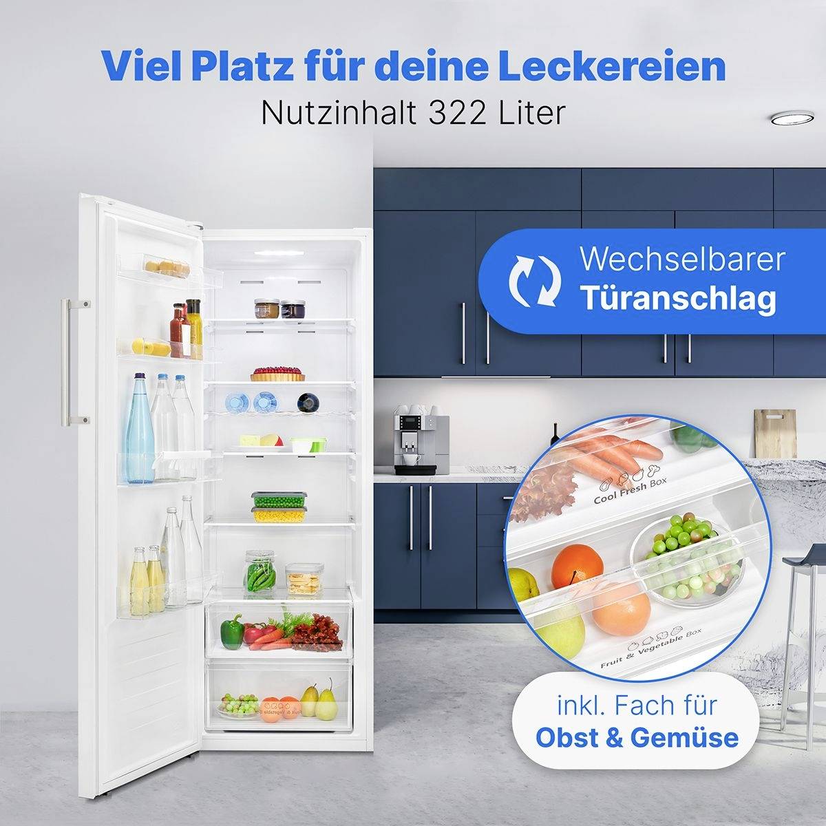 Ein geöffneter Kühlschrank mit mehreren Fächern, gefüllt mit Getränken und Lebensmitteln. Rechts ein Hinweis auf Frischebox für Obst und Gemüse.