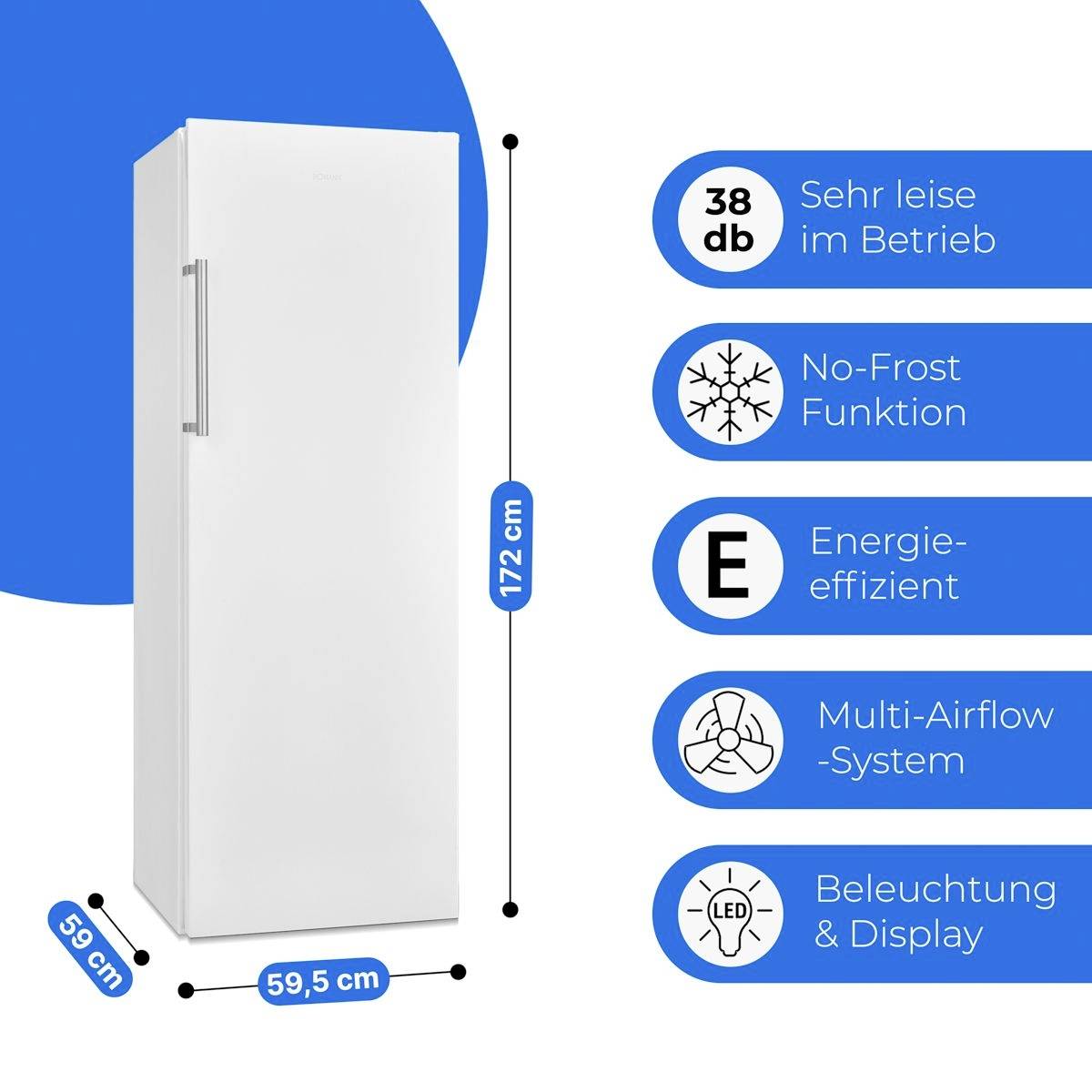 'Weißer Kühlschrank, 59,5 cm breit, 172 cm hoch, 59 cm tief. Funktionen: sehr leise (38 dB), No-Frost, energieeffizient, Multi-Airflow, LED-Beleuchtung.'