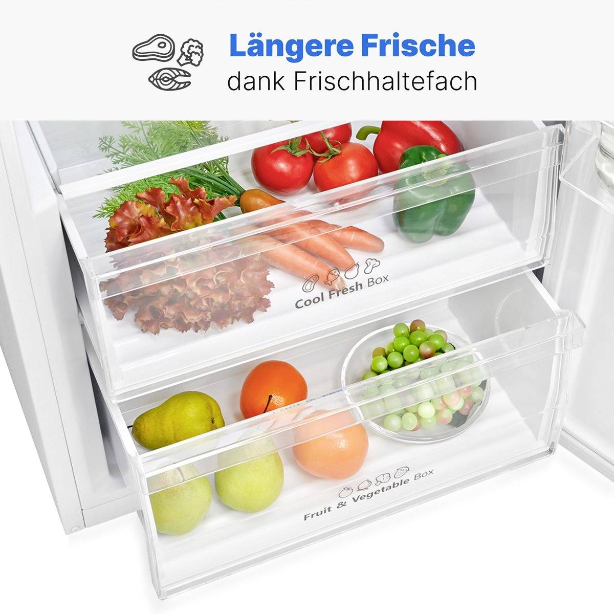 Offener Kühlschrank mit Frischhaltefächern, gefüllt mit Gemüse wie Paprika und Karotten sowie Obst. Text oben: 'Längere Frische'.