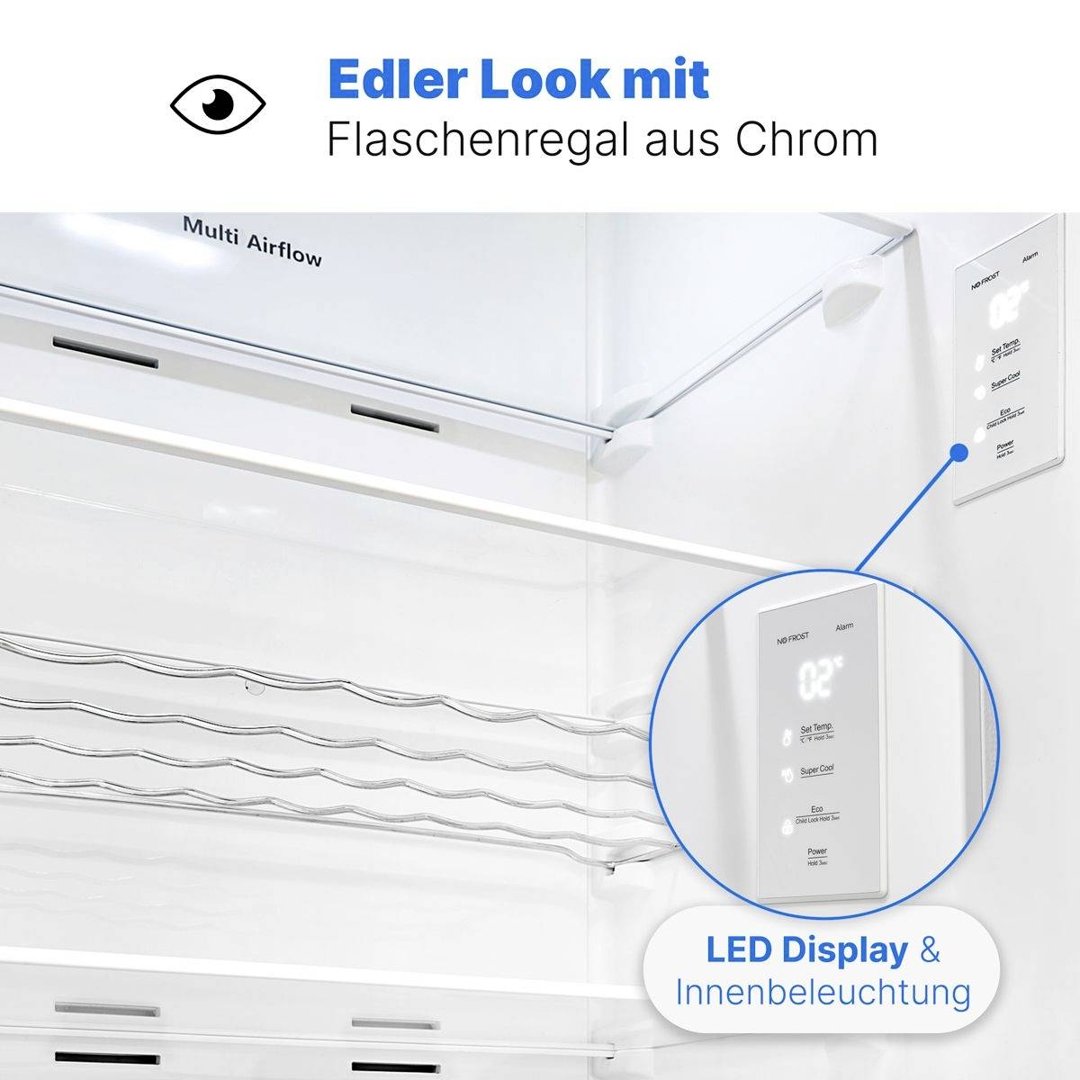 Kühlschrank-Innenansicht mit Flaschenregal aus Chrom, LED-Display und Innenbeleuchtung.