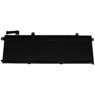 Schwarzer Laptop-Akku in rechteckiger Form, flach, mit Anschlusskabel oben links sichtbar.
