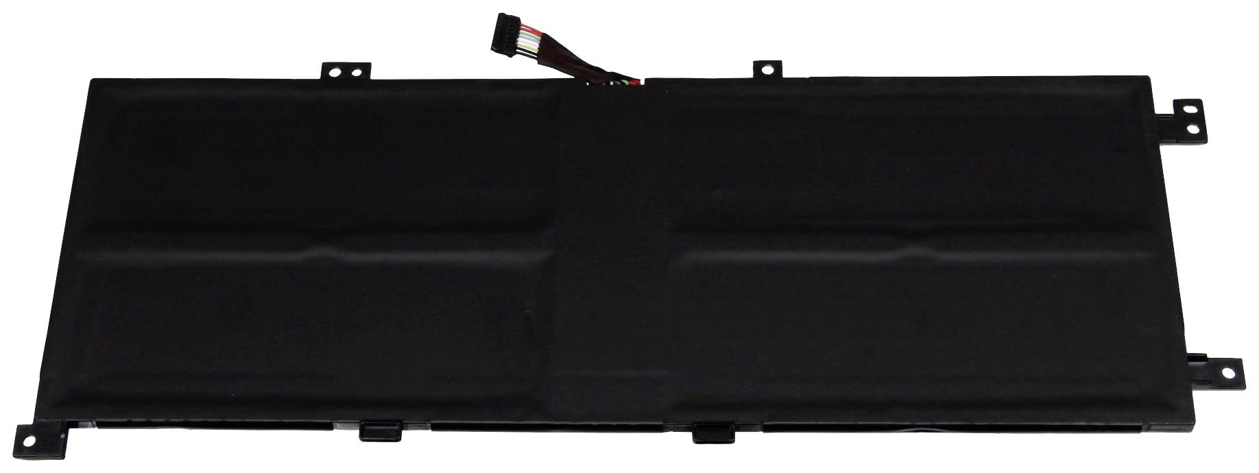 Schwarze Laptopbatterie mit Anschlusskabel, rechteckige Form, flaches Design.